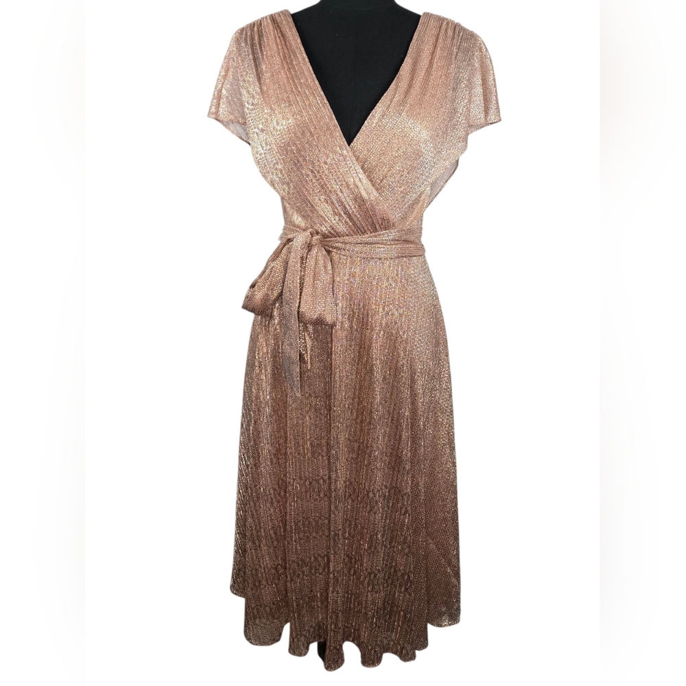 NWT $405 Alice + Olivia Darva Faux Wrap Midi Dress 6 | Rose Gold Lamé Metallic - Picture 4 of 16
